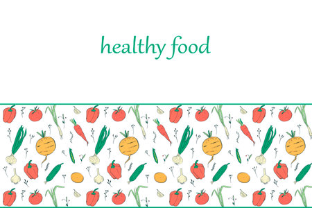 Horizontal design of colored vegetarian set. Vegetables sketch, hand drawn vector illustration. Harvesting, vegetarianism. Banner of Healthy food, proper nutrition.のイラスト素材