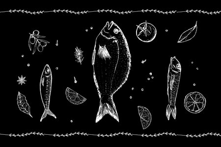Sketch illustration of fish and spices for restaurant. Black and white vector image of food from three different types of fish, pieces of lemon, pepper, olives.のイラスト素材