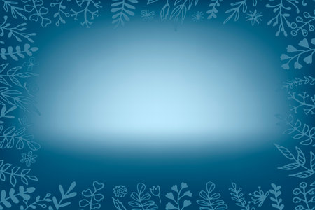 Empty gradient background framed by decorative branches and leaves. Blue stage for product placement. Square floral in blue tones with space illumination.のイラスト素材