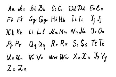 Alphabet is handwritten in scribbles with black brush on white background. English doodle scrawl style letters uppercase and lowercase in different styles.のイラスト素材