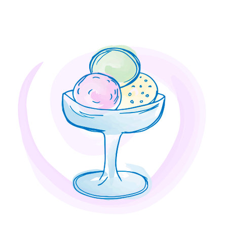 Delicate ice cream in glass vase. Three scoops of ice cream of different flavors, pastel colors. Creamy candy, decorated with vector watercolor. Doodle sketch illustration of sweet food.のイラスト素材