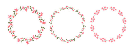 Floral round borders vector set. Pink flowers and Green twigs, circle drawn frame illustration. Hand drawn romantic wreaths.のイラスト素材