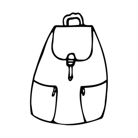 Simple travel backpack isolated on white background. Black and white doodle illustration of hiking bag.のイラスト素材