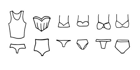 Doodle set of illustrations of underwear, swimsuits. Simple vector image of clothing items isolated on white background.のイラスト素材