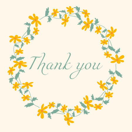 Thank You card with floral garland. Vector delicate sticker, hand drawn cute wild flowers. Illustration of Thank You letter postcard.のイラスト素材