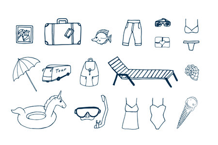 Travel Vacation vector doodle set. Swimwear, luggage and souvenirs for your vacation isolated on white background. Hand drawn drawings with black pen on the theme of travel.のイラスト素材