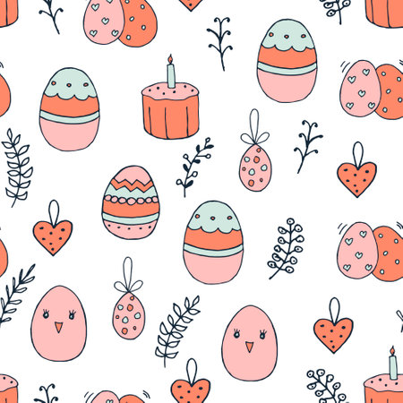 Easter color pattern with decorated eggs. Cute decorations for Easter. Vector seamless pattern. Hand drawn doodle illustration of Easter decorations.のイラスト素材