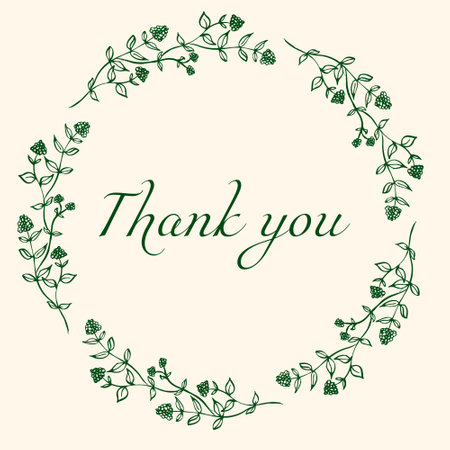 Thank You card with floral green garland. Vector delicate sticker, hand drawn cute wild grass. Illustration of Thank You letter postcard.のイラスト素材