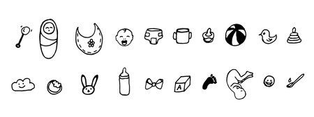 Doodle Set of hand-drawn baby objects. Pregnancy set, toys, food, accessories. Hand drawn doodle baby supplies. Isolated Vector illustration.のイラスト素材