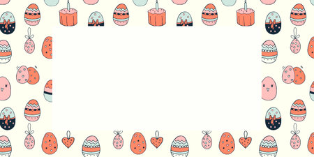 Easter color square design with decorated eggs. Cute decorations for Easter. Vector banner with empty space. Hand drawn doodle illustration of Easter decorations.のイラスト素材