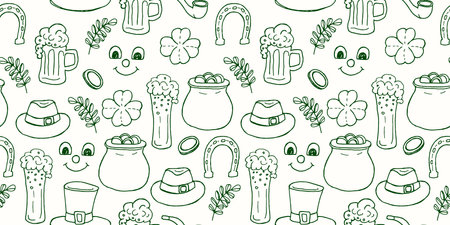 Seamless vector pattern for St. Patricks Day. Beige background with green doodle illustrations of beer, gold, clover leaves and funny gnomes.のイラスト素材