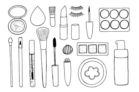 Set of items for makeup. Vector doodle illustration of makeup accessories. Eye shadow, lipstick, foundation, powder. Black and white contour drawing of isolated Decorative cosmetics.のイラスト素材
