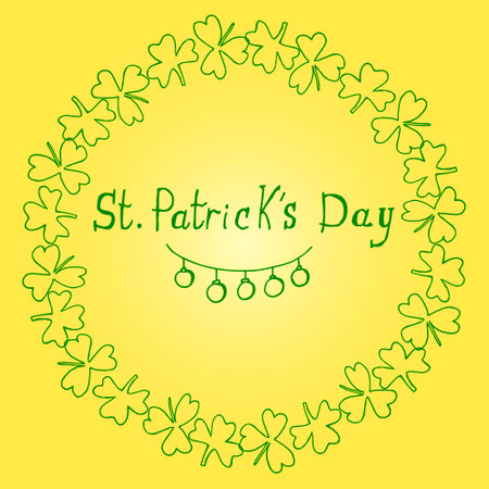 St. Patricks Day congratulatory postcard. Green clover leaves on yellow background. Vector Doodle illustration.のイラスト素材