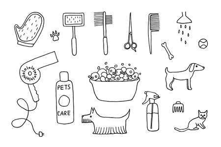Grooming pet salon objects doodle, set with pets, care products. Cat and dog combed and washed. Vector illustration on white background.のイラスト素材
