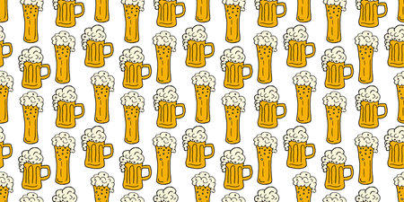 Vector seamless pattern with mugs of foamy beer. Drink on white background. Light beer, alcoholic, non-alcoholic. Celebrating in bar, relaxing on holidays.のイラスト素材