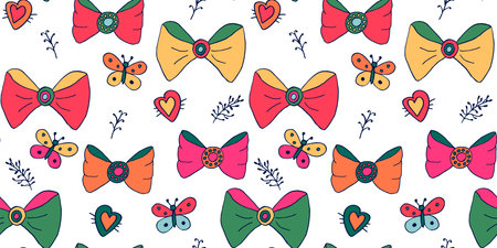 Color seamless pattern of bows, hearts and butterflies on white background. Flying insects, background for wrapping paper, notebook and album covers. Childrens wallpaper in cartoon style.のイラスト素材