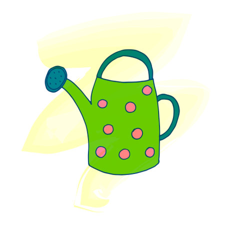 Watering can for watering plants, hand-drawn in doodle style. Isolated vector color illustration of gardening and vegetable gardening.のイラスト素材