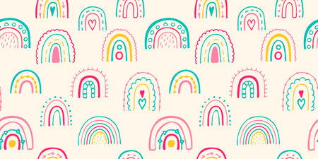 Seamless vector pattern of cute rainbow in simple doodle style. Colorful boho background for children.のイラスト素材