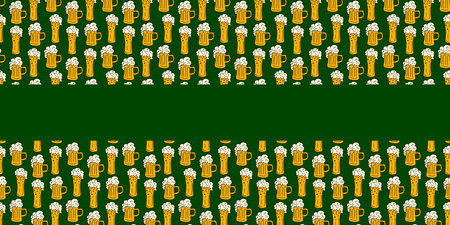 Vector seamless pattern with mugs of foamy beer. More Drink on green background. Light beer, alcoholic, non-alcoholic. Celebrating in bar, relaxing on holidays, flyer, banner.のイラスト素材