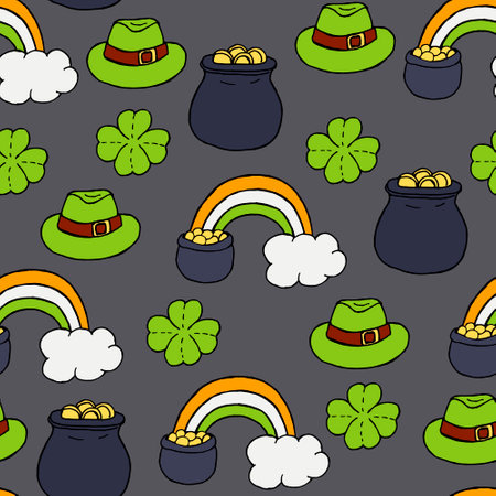 Seamless vector pattern for St. Patricks Day. Bright green hat, Bag of gold and rainbow for good luck and clover on Dark background.のイラスト素材