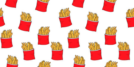 Seamless vector pattern of French fries. Fast food, delicious fried potatoes in a package. Junk food, street food restaurants. Colored doodle illustration of food.のイラスト素材