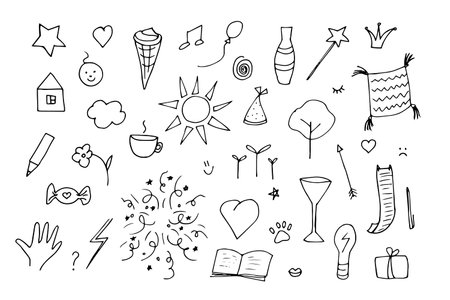 Set of Some different doodles, life style vector illustration. Black scribbles on a white background. Thing, objects on the topic of living.のイラスト素材
