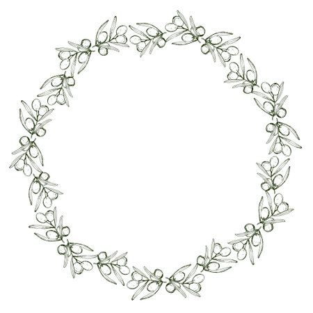 Circle floral green frame from drawn olives vector illustration. Hand drawn wreath leaves. Healthy food border design.のイラスト素材