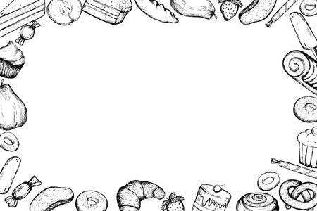 Vector border of fruits and sweets bakery sketch. Hand drawn black and white frame isolated on white background. Empty space framed by drawings of food.のイラスト素材