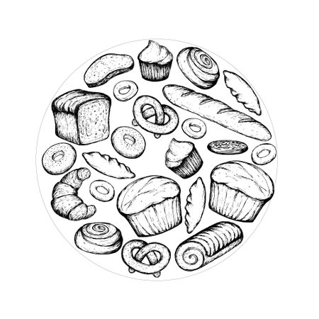 Vector round card bakery menu design. Hand drawn sweet baking illustration with bread and pastries sketch. Bakery on sticker. Food sketch illustration.のイラスト素材