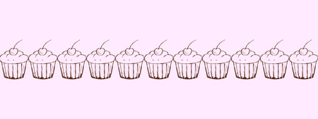 Confectionery border for decorating bakery store. Doodle illustrations of Cupcakes with cherries lined up horizontally on lilac background.のイラスト素材