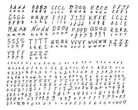 Alphabet and numbers are handwritten in black pen scrawl on white background. Doodle style English letters are uppercase and small in different styles. Numbers drawn black capillary pen.のイラスト素材