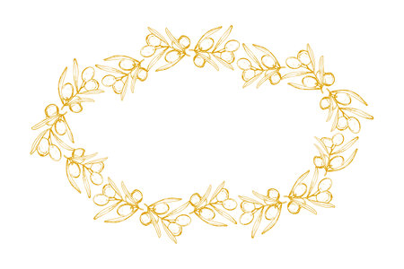 Oval floral frame from olives vector illustration isolated on white background. Hand drawn leaves. Healthy food design element.のイラスト素材