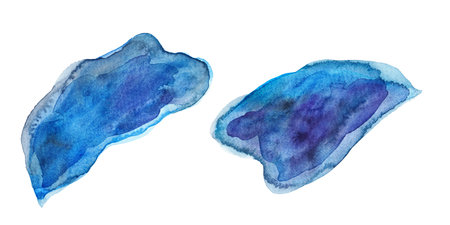 Large wide watercolor blue spots. Blurred paint on paper, texture. Clouds, background for inscriptions. Multi-layer textured painted paper.の写真素材