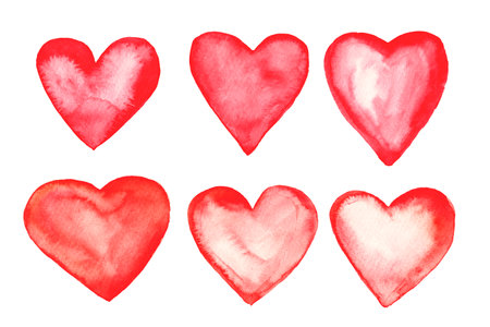 Set of hand drawn watercolor red hearts. Raster illustration, watercolor on paper. Bright watercolor drawings, wet paper. Cards for Valentines Day.の写真素材
