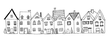 Houses set. Hand-drawn doodle vector urban illustration. Cartoon habitation. Black and white Childrens drawings.のイラスト素材