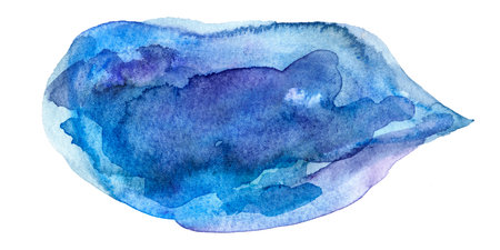 Large wide watercolor blue spot isolated on white background. Blurred paint on paper, texture. Clouds, background for postcard. Multi-layer textured painted paper.の写真素材