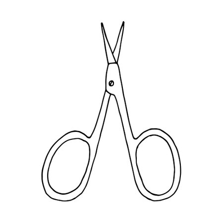Manicure scissors isolated on white background. Black and white vector doodle illustration of nail care scissors.のイラスト素材