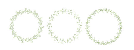 Floral round borders vector set. Green twigs, circle drawn frame illustration. Hand drawn wreath leaves.のイラスト素材