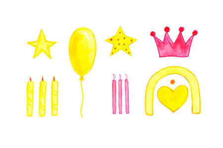 Watercolor set of holiday hand drawn elements. Candles, crown, stars, hearts and balloon. Watercolor drawing of gifts. Yellow and pink watercolors.のイラスト素材
