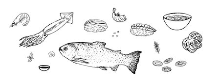 Doodle vector set of seafood dishes, shrimp, cuttlefish. Fish and Sushi isolated on white background.のイラスト素材