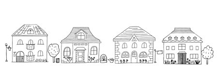 Houses set. Hand-drawn doodle vector urban illustration. Cartoon habitation. Black and white Childrens drawings.のイラスト素材