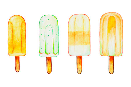 Set of colorful ice cream. Fruit ice, popsicle on a stick. Hand-drawn colorful sweets.の写真素材