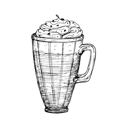 Sweet milkshake hand drawn vector illustration. Black and white beverage in glass goblet sketch isolated.のイラスト素材