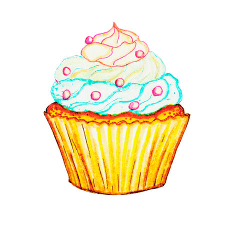 Cupcake drawn by hand with colored markers. Sketch illustration of sweet food isolated on white background. Hand-drawn colorful sweets.の写真素材