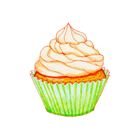 Cupcake drawn by hand with colored markers. Sketch illustration of sweet food isolated on white background. Hand-drawn colorful sweets.の写真素材