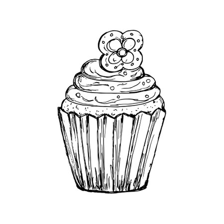 Cupcake vector hand drawn illustration. Delicious mini cake. Creamy Muffin drawing. Monochrome black and white sketch isolated on white background.のイラスト素材