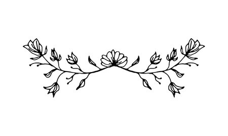 Ornate floral border divider for decorating postcards, invites, banners. Vector illustration of leaves and flowers in the doodle style.のイラスト素材
