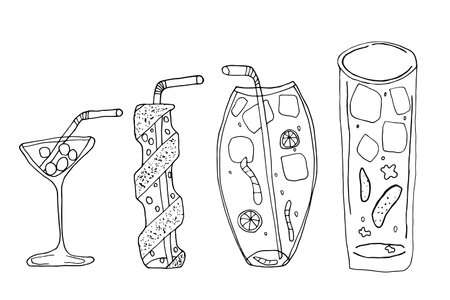 Sketch cocktail set. Hand drawn vector drawn glasses with drink. Unusual beach glasses with drinking straws. Isolated doodle illustration.のイラスト素材