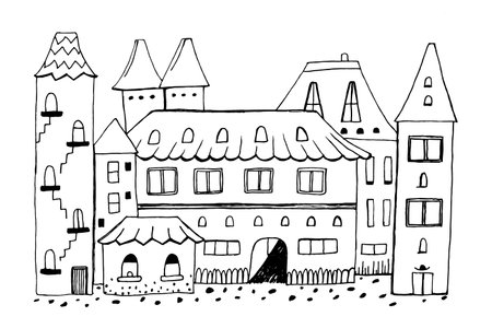 Houses set. Hand-drawn doodle vector urban illustration. Cartoon habitation. Black and white Childrens drawings.のイラスト素材