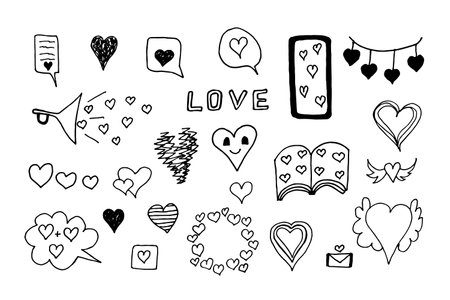 Large set of doodle illustrations for Valentines Day. Various hearts, garlands, kisses for decorating postcards and posters for Valentines Day. Hand-drawn black and white drawings.のイラスト素材